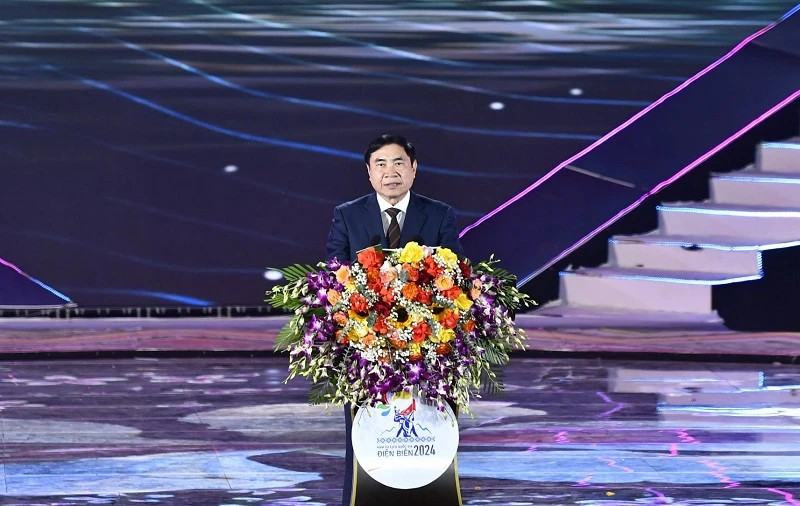 Đồng chí Trần Quốc Cường, Ủy viên Trung ương Đảng, Bí thư Tỉnh ủy Điện Biên phát biểu chào mừng khai mạc Năm Du lịch Quốc gia - Điện Biên và Lễ hội Hoa Ban 2024.